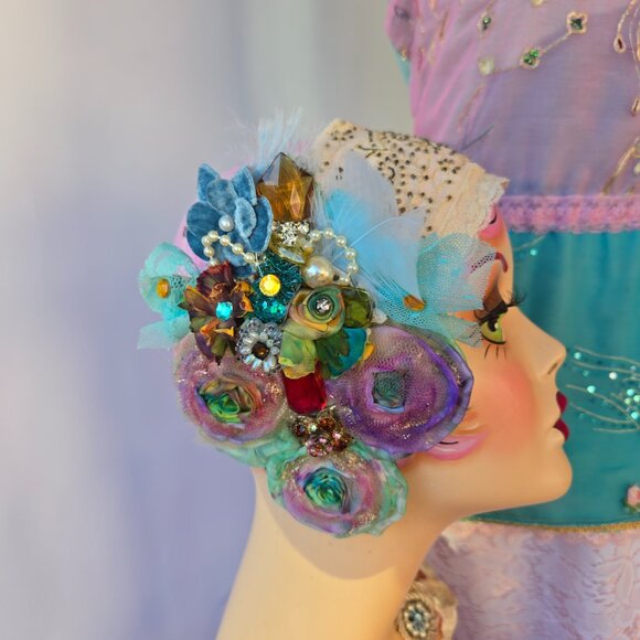 Handmade Pastel Rainbow Rose and Millinery Feather Crystal Hair Clip Romantic - Picture 4 of 10